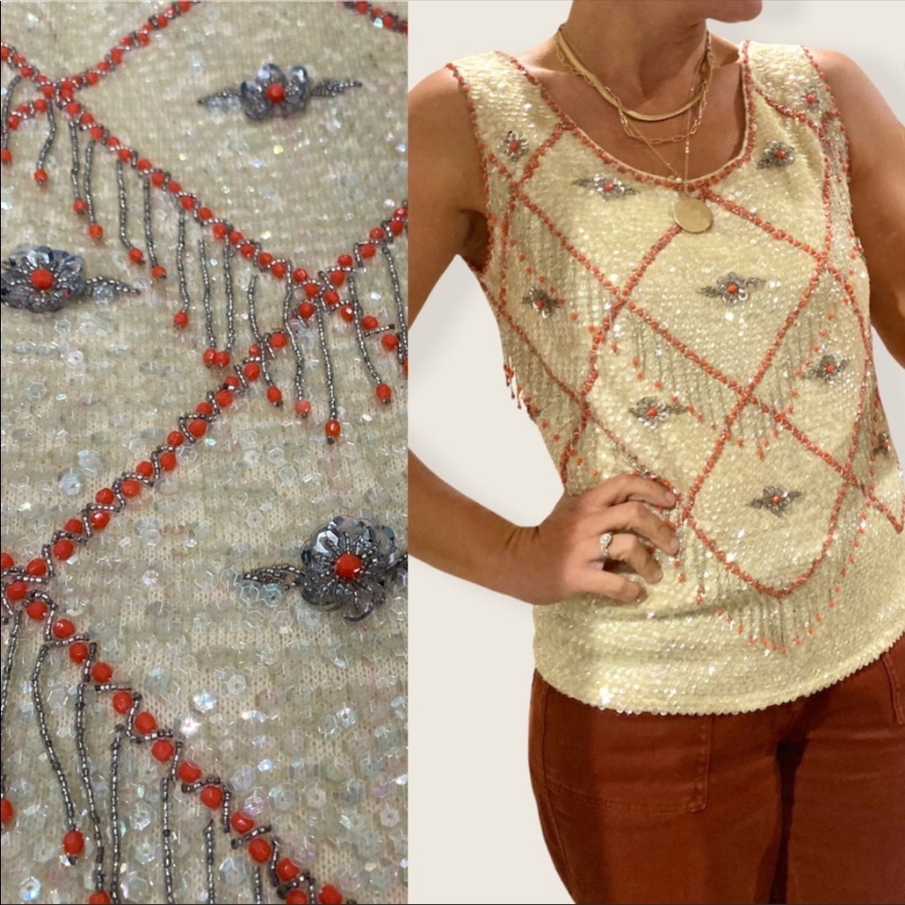 Vintage beige orange western sequin tank blouse - Picture 3 of 9